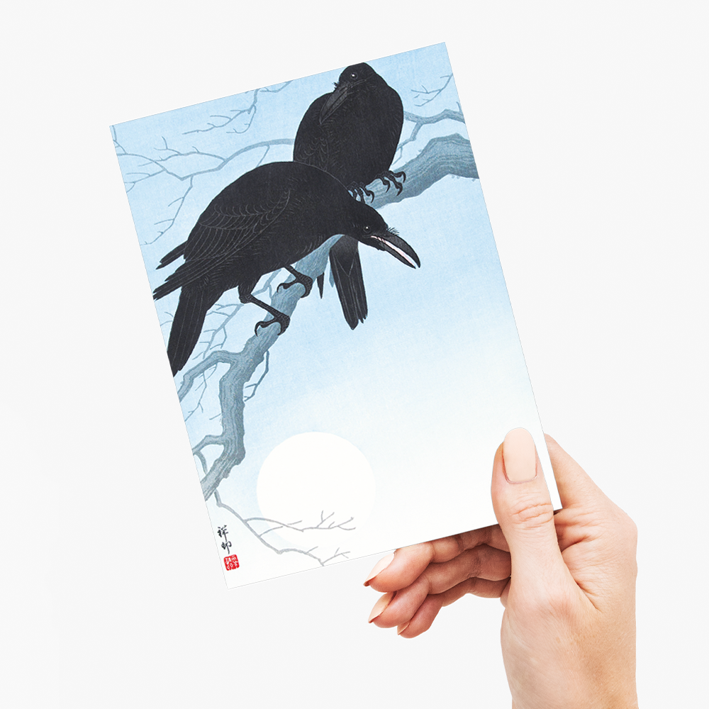 Two crows on a branch by Ohara Koson - Greeting Card