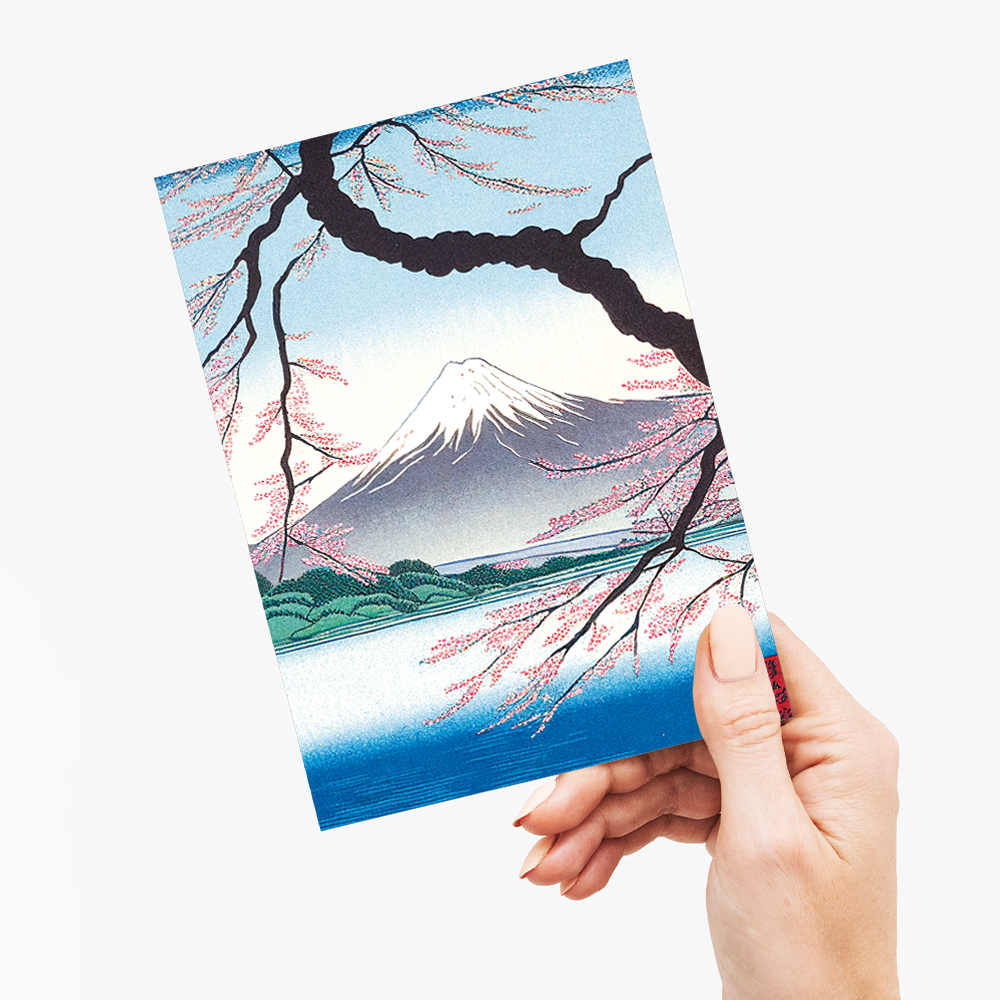 Mount Fuji framed by blossoms and a river - Greeting Card