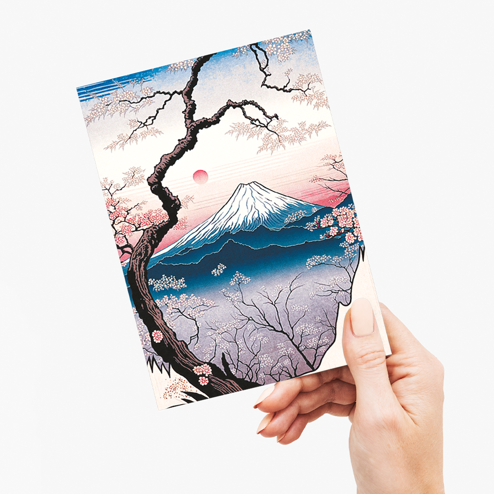 Cherry Blossom View of Mount Fuji in Pink Hues - Greeting Card
