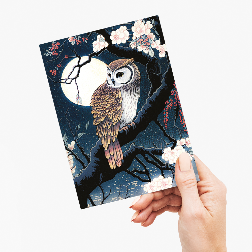 Glowing blossoms and owl in the night - Greeting Card