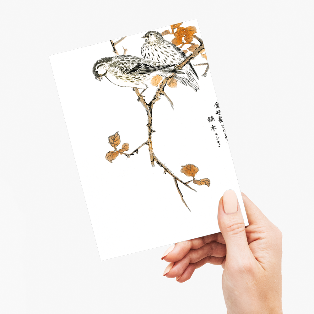 Siskin and Euonymus Alata By Numata Kashu - Greeting Card