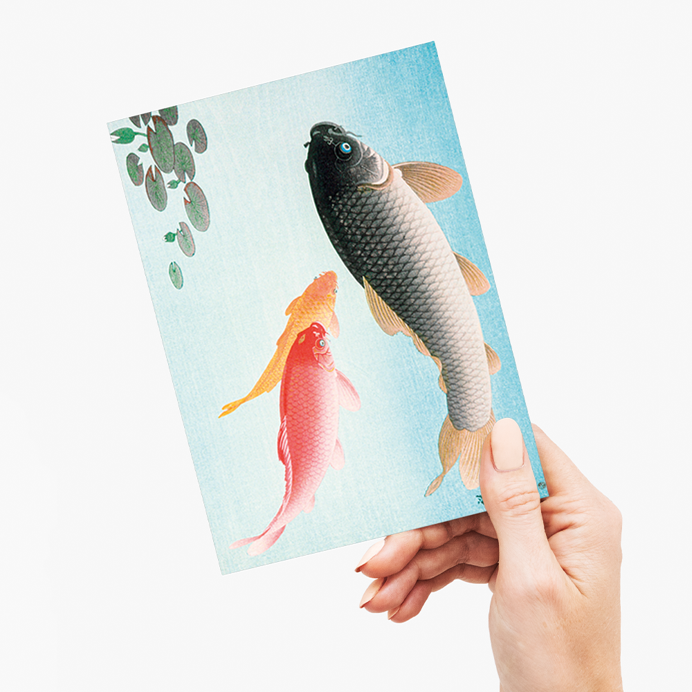 Common and Golden Carp by Ohara Koson. - Greeting Card
