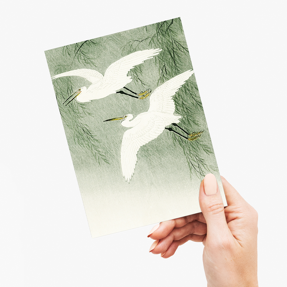 Little Egrets in flight by Ohara Koson - Greeting Card