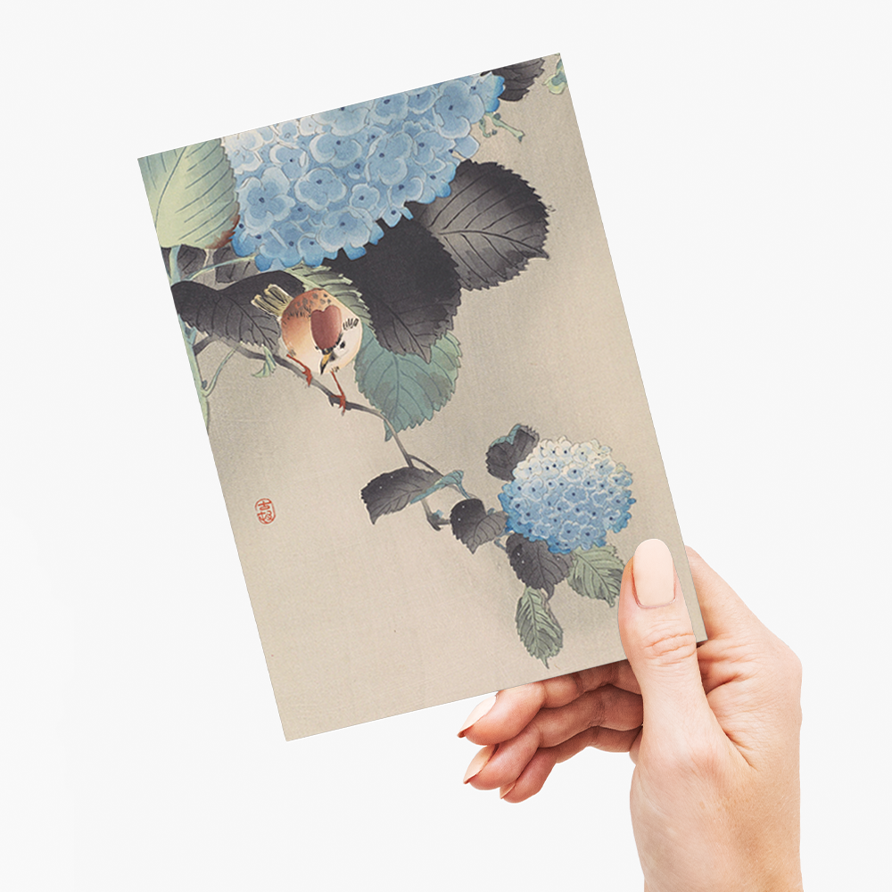 Sparrow and blue-white hortensia by Ohara Koson - Greeting Card