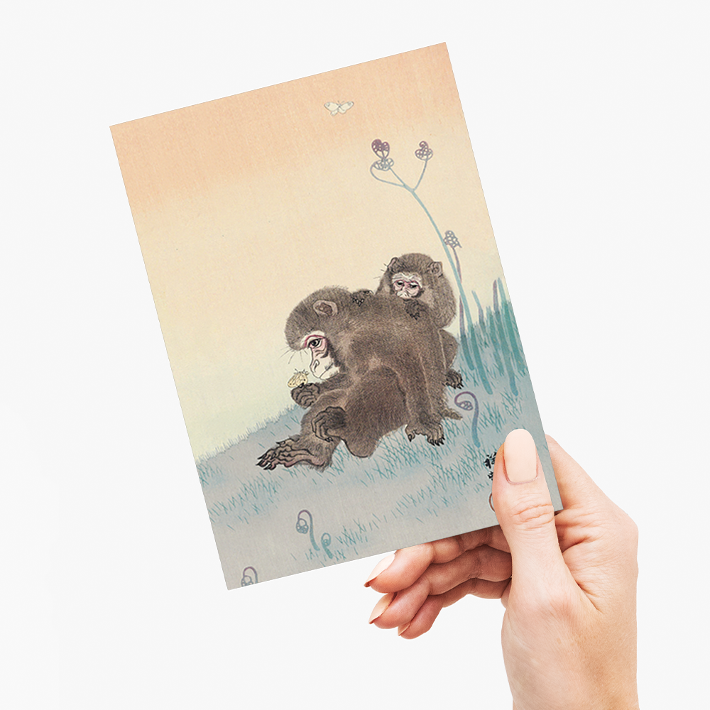 Two monkeys with a butterfly by Ohara Koson - Greeting Card