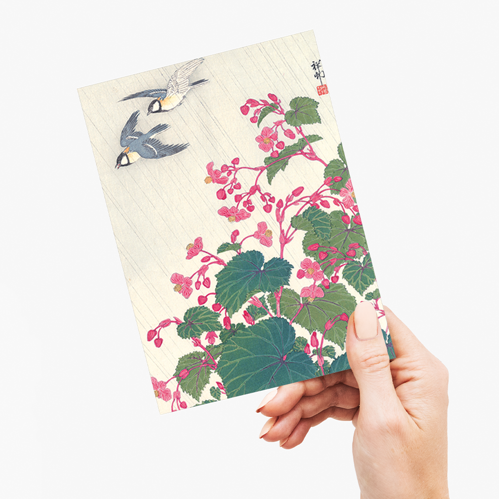 Two bird and begonia in rain by Ohara Shoson - Greeting Card