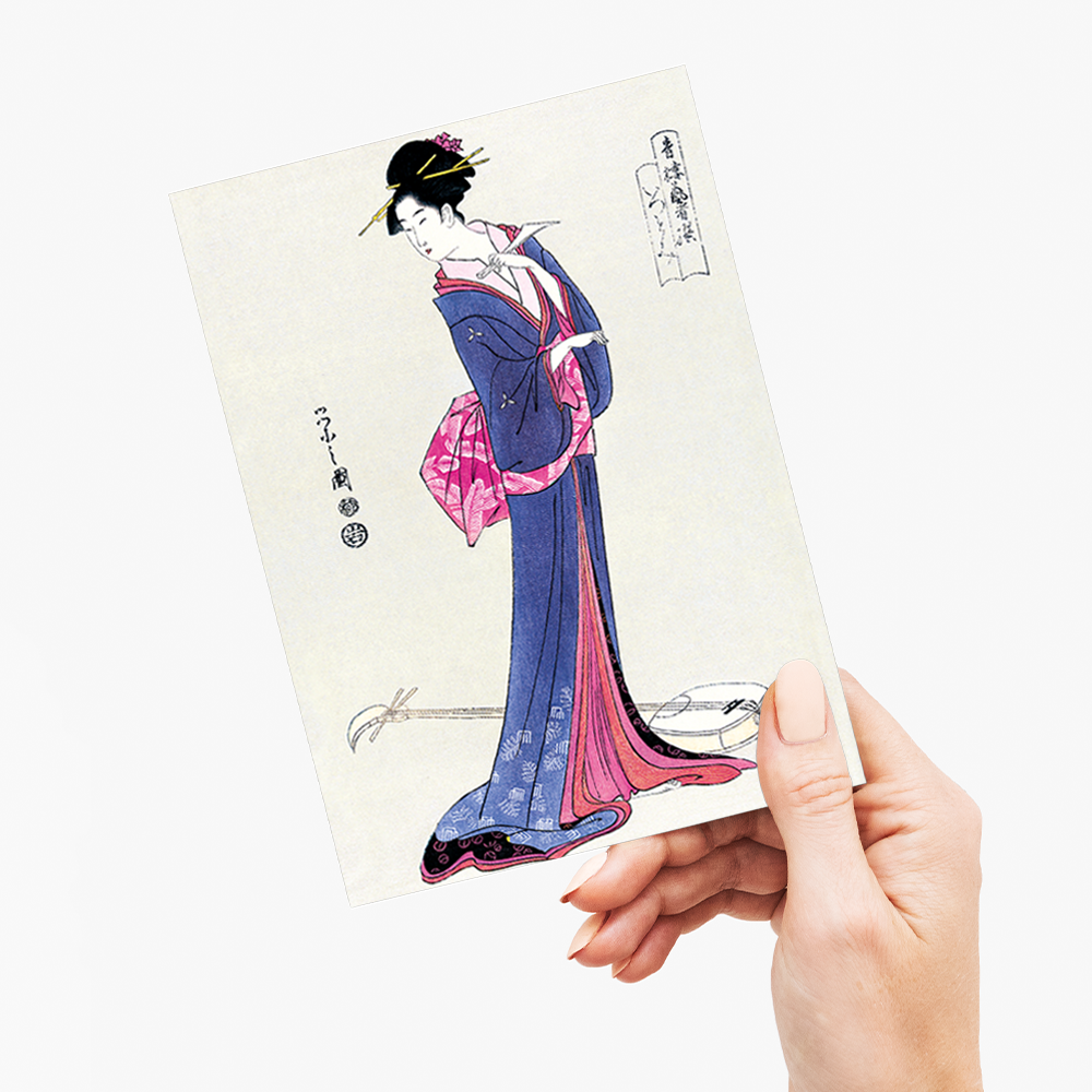 Japanese woman in kimono and a shamisen on the floor - Greeting Card