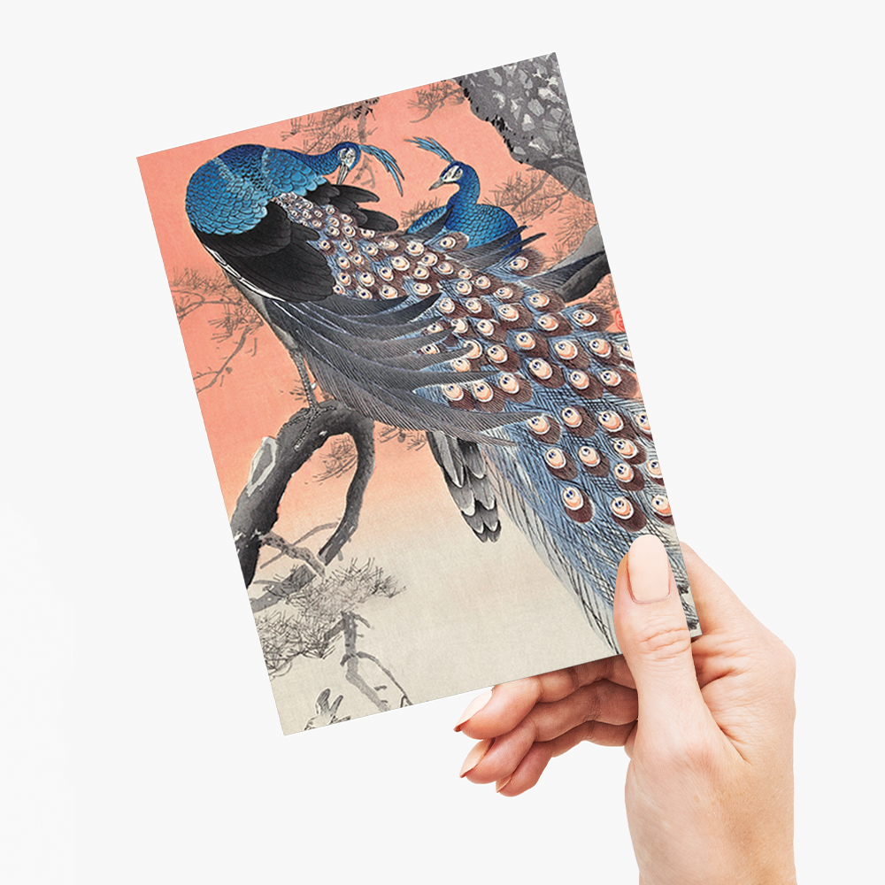 Two peacocks on tree branch (1900 - 1930) by Ohara Koson - Greeting Card