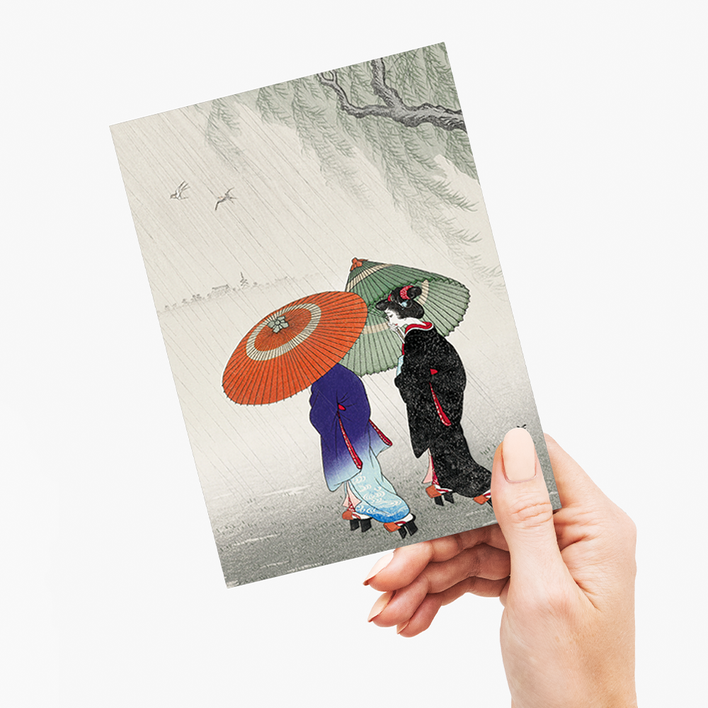 Two women in the rain by Ohara Koson - Greeting Card