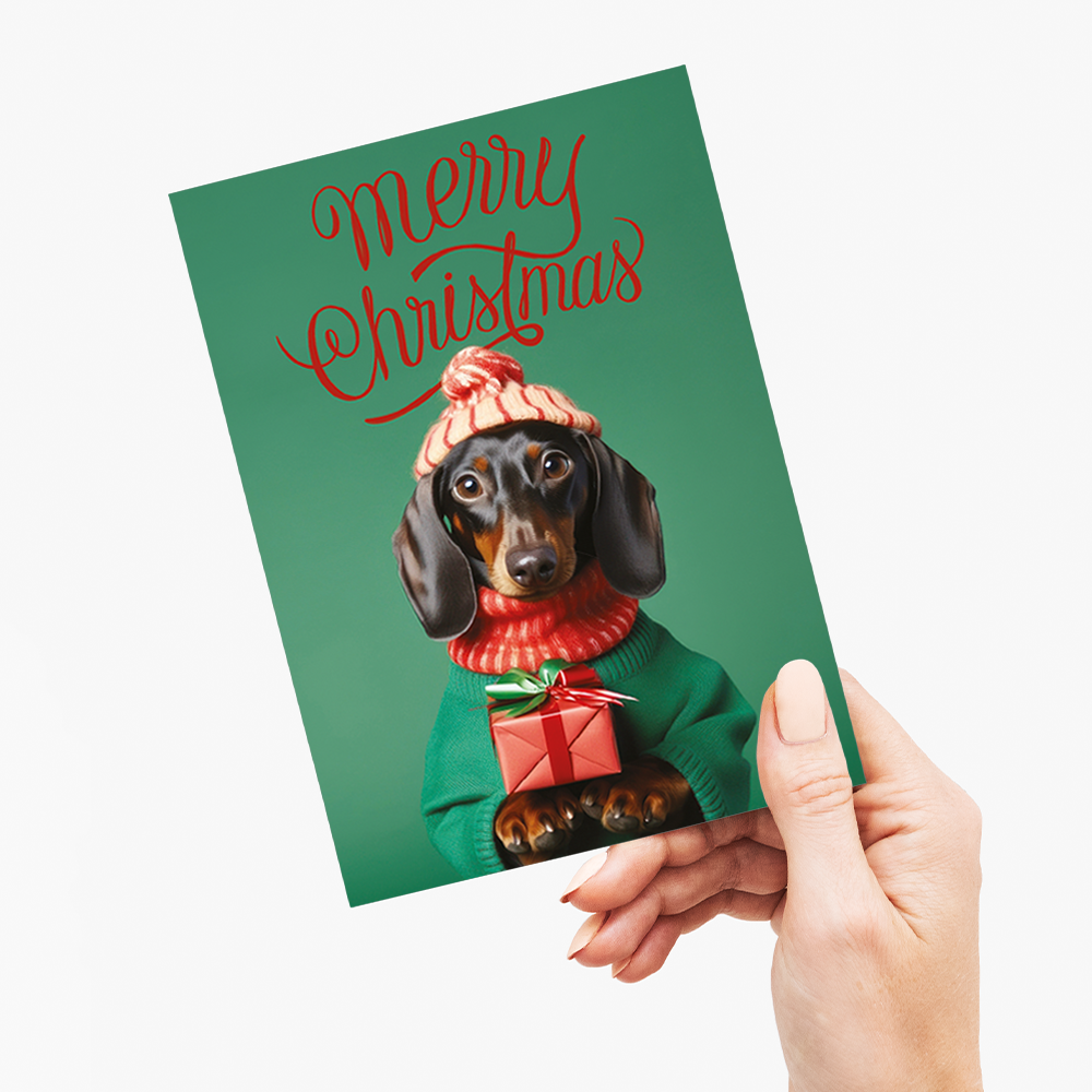 Dachshund handing a gift - Greeting Card