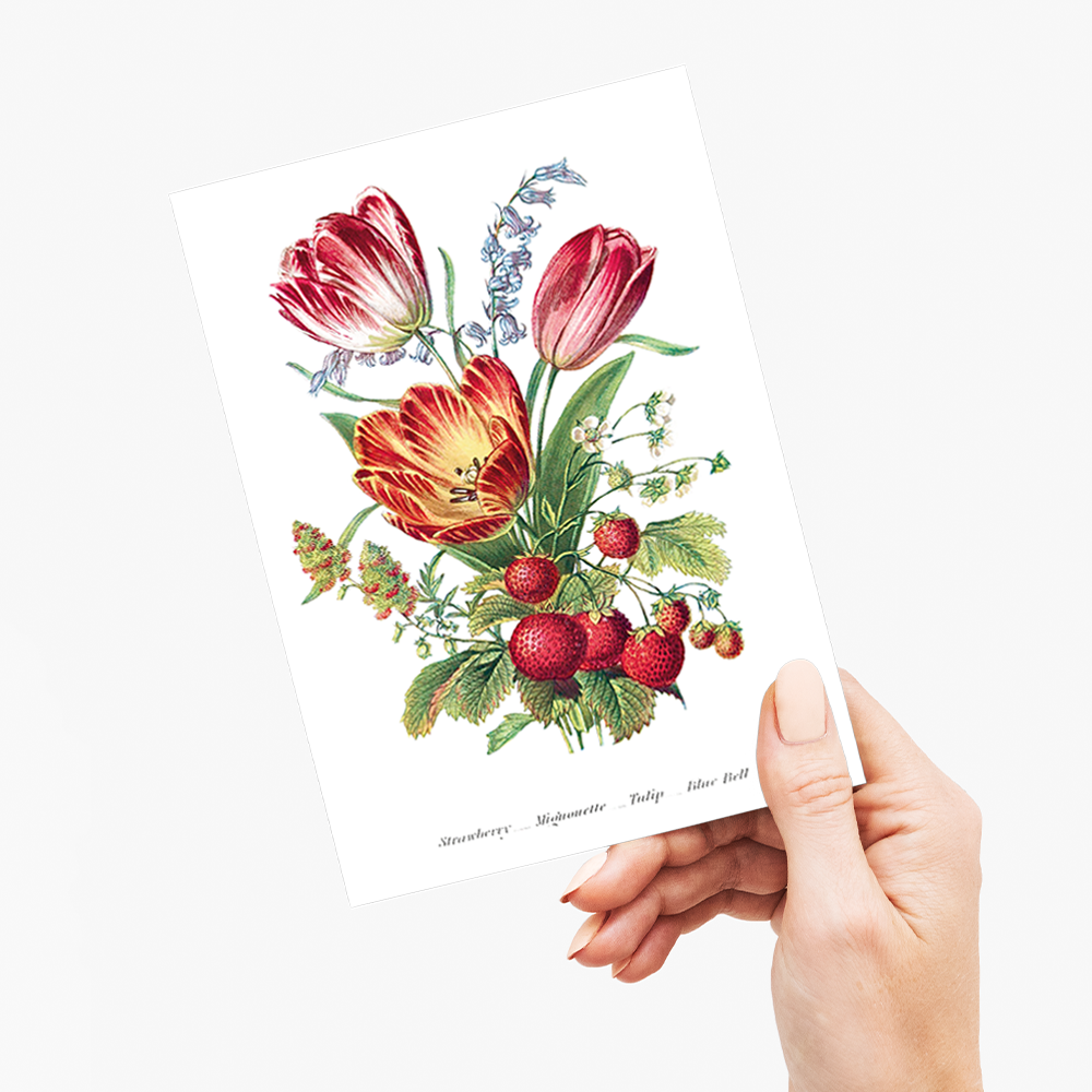 Strawberry, Mignonette, Tulip, and Blue Bell - Wenskaart