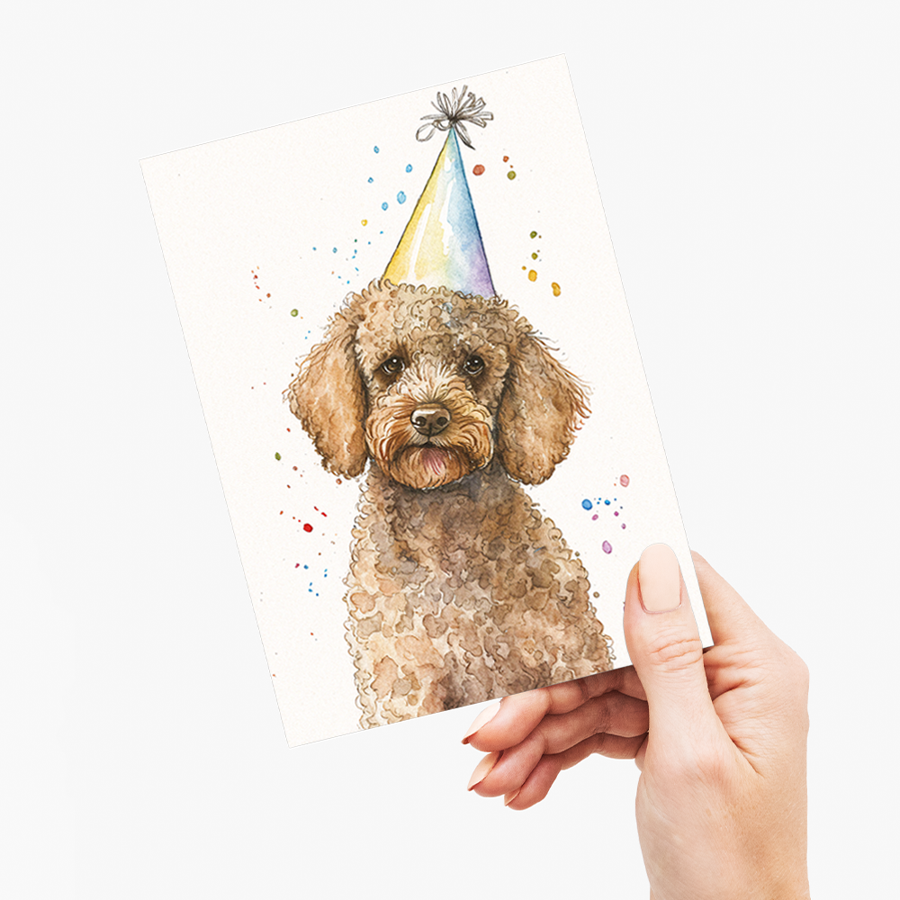 Brown poodle wearing a party hat - Greeting Card