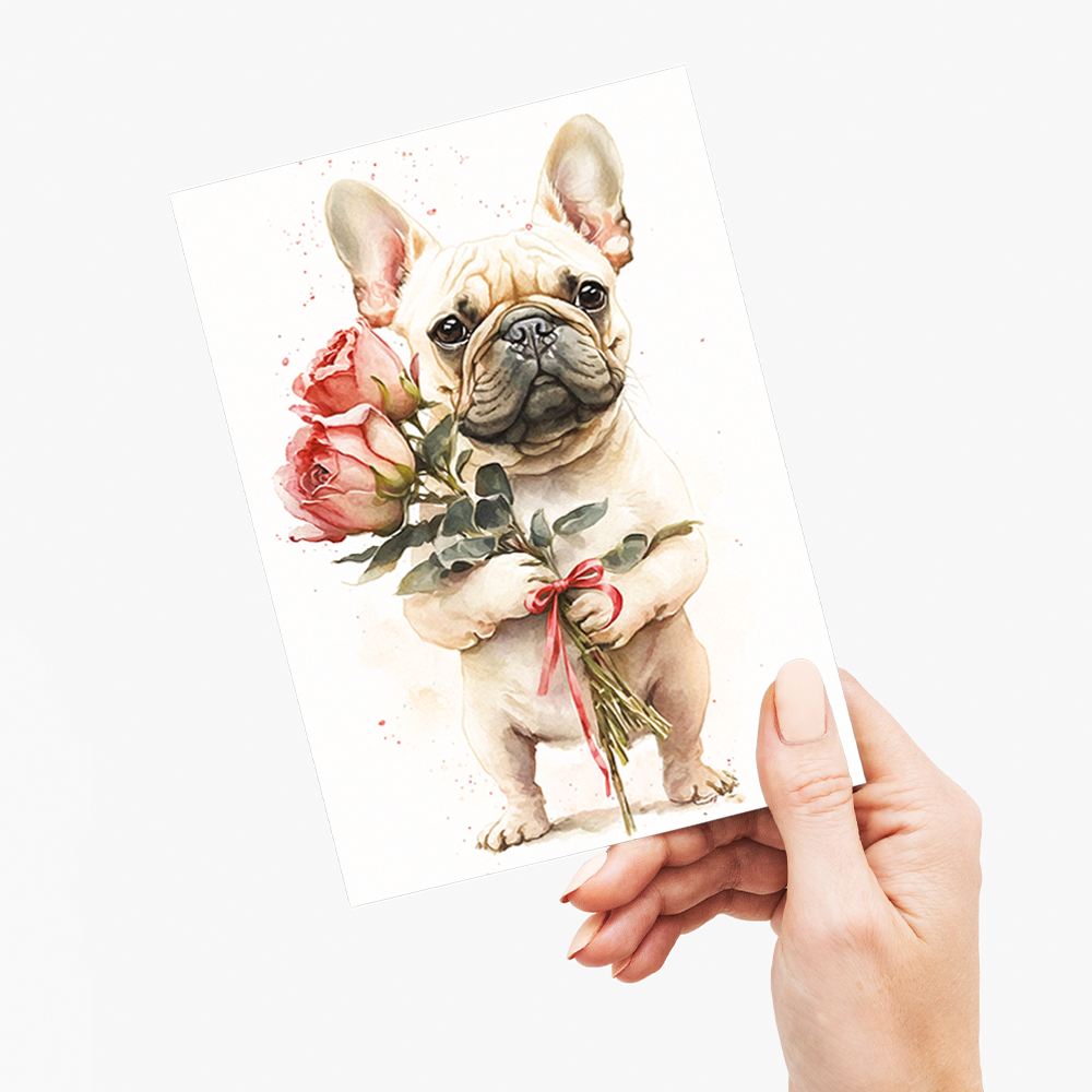 French bulldog bringing flowers - Greeting Card