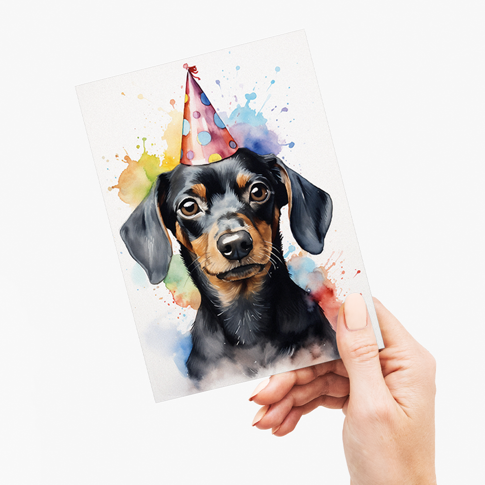 dachshund wearing a party hat (watercolour style) - Greeting Card