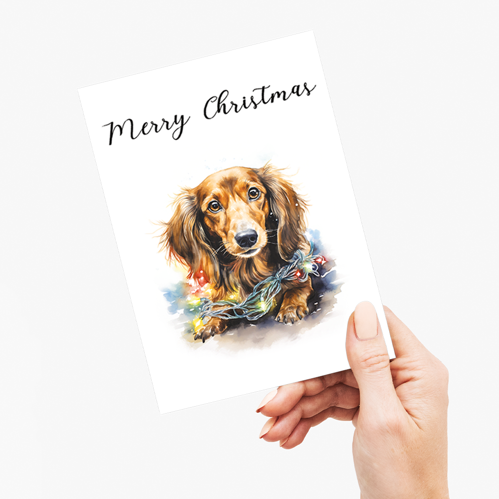 Dachshund tangled in Christmas light - Greeting Card