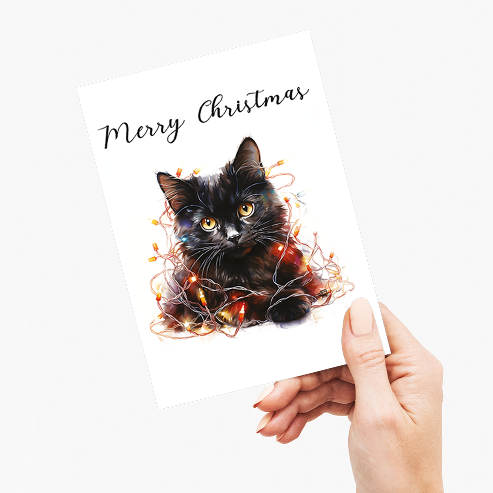 Black Cat tangled in Christmas light - Greeting Card