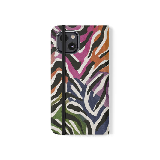 Vibrant Zebra Print Flip Case for Phone, Colorful Wallet Cover, Unique Gift for Animal Lovers, Trendy Accessory for Holidays