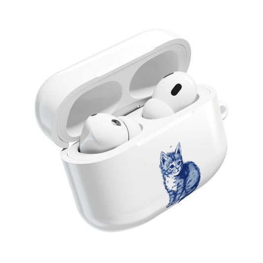 Dutch delft tile illustration of a little kitten AirPod Case Cover, Cute Pet Accessory, Trendy Tech Gift, Personalized Earbud Holder, Cat Lover Present, Feline Decor