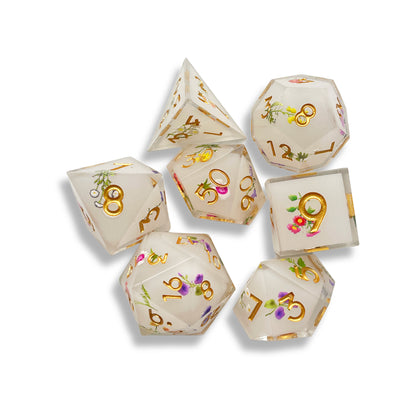 White Botanical Floral D&D Dice Set | Cute Flower Polyhedral RPG Dice