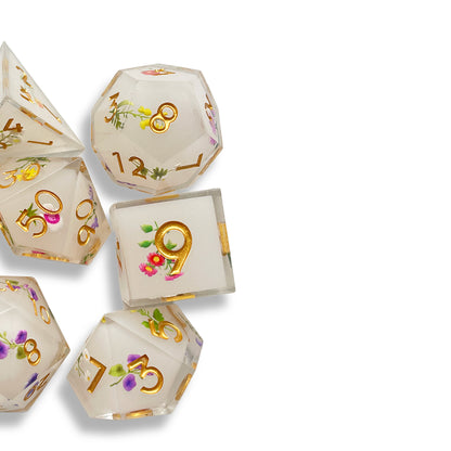 White Botanical Floral D&D Dice Set | Cute Flower Polyhedral RPG Dice