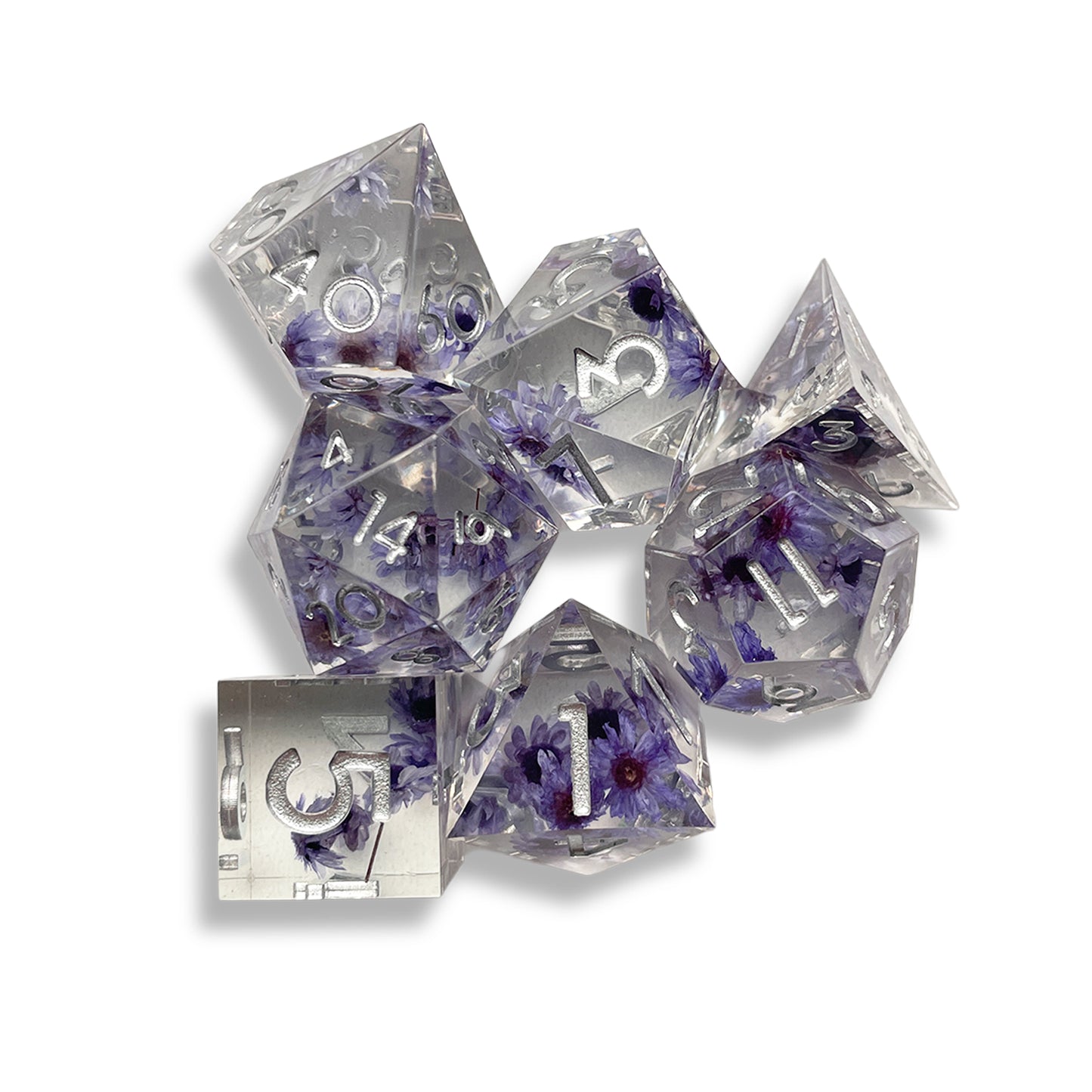 Clear Botanical D&D Dice Set with Purple Flowers | Floral Polyhedral RPG Dice