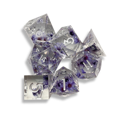 Clear Botanical D&D Dice Set with Purple Flowers | Floral Polyhedral RPG Dice