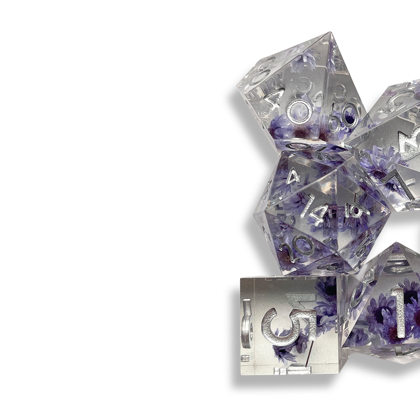 Clear Botanical D&D Dice Set with Purple Flowers | Floral Polyhedral RPG Dice