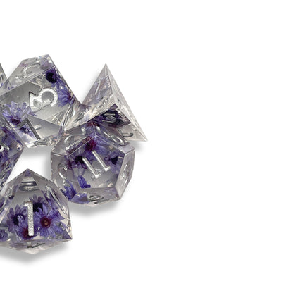 Clear Botanical D&D Dice Set with Purple Flowers | Floral Polyhedral RPG Dice