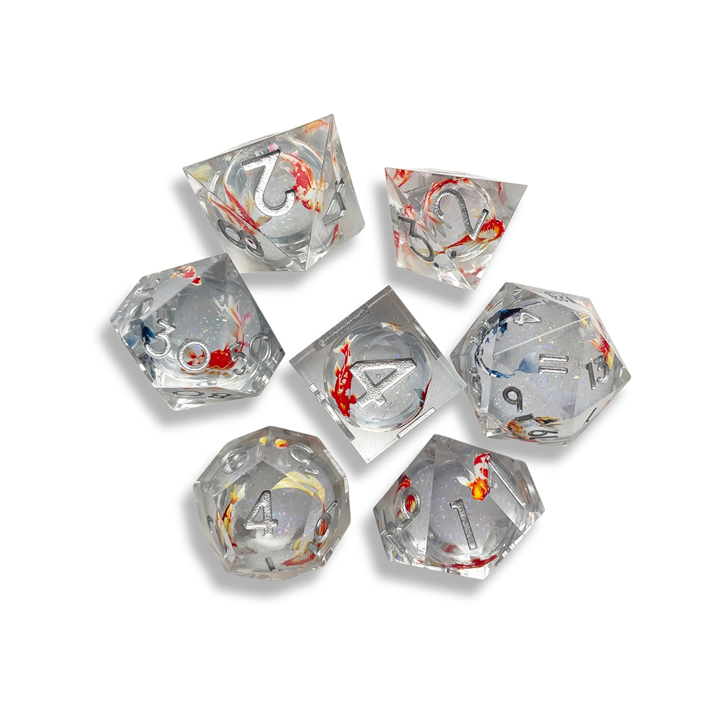 Koi Fish Snow Globe D&D Dice Set | Moving White Glitter Polyhedral RPG Dice