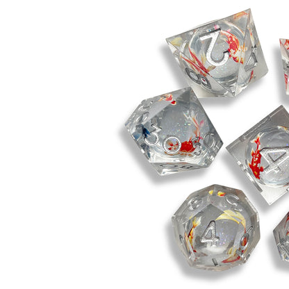 Koi Fish Snow Globe D&D Dice Set | Moving White Glitter Polyhedral RPG Dice