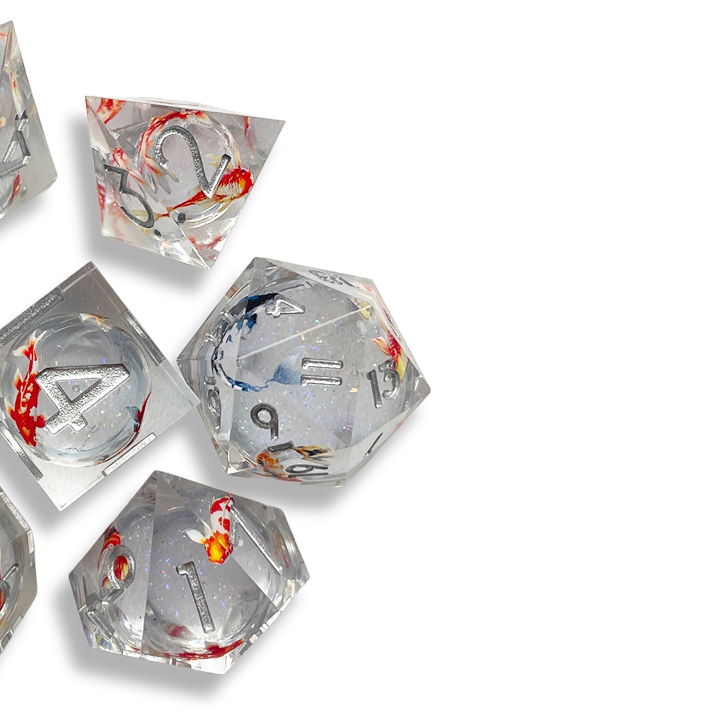 Koi Fish Snow Globe D&D Dice Set | Moving White Glitter Polyhedral RPG Dice