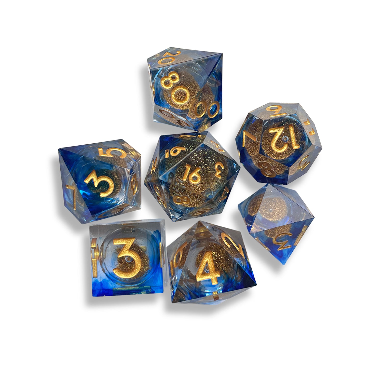 Clear Gold & Blue Snow Globe D&D Dice Set | Glitter Polyhedral RPG Dice