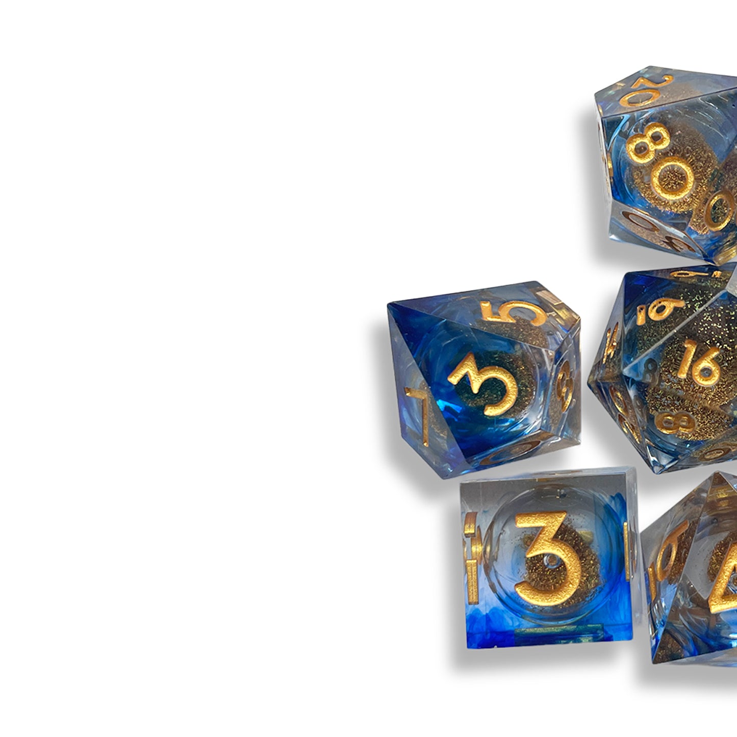 Clear Gold & Blue Snow Globe D&D Dice Set | Glitter Polyhedral RPG Dice