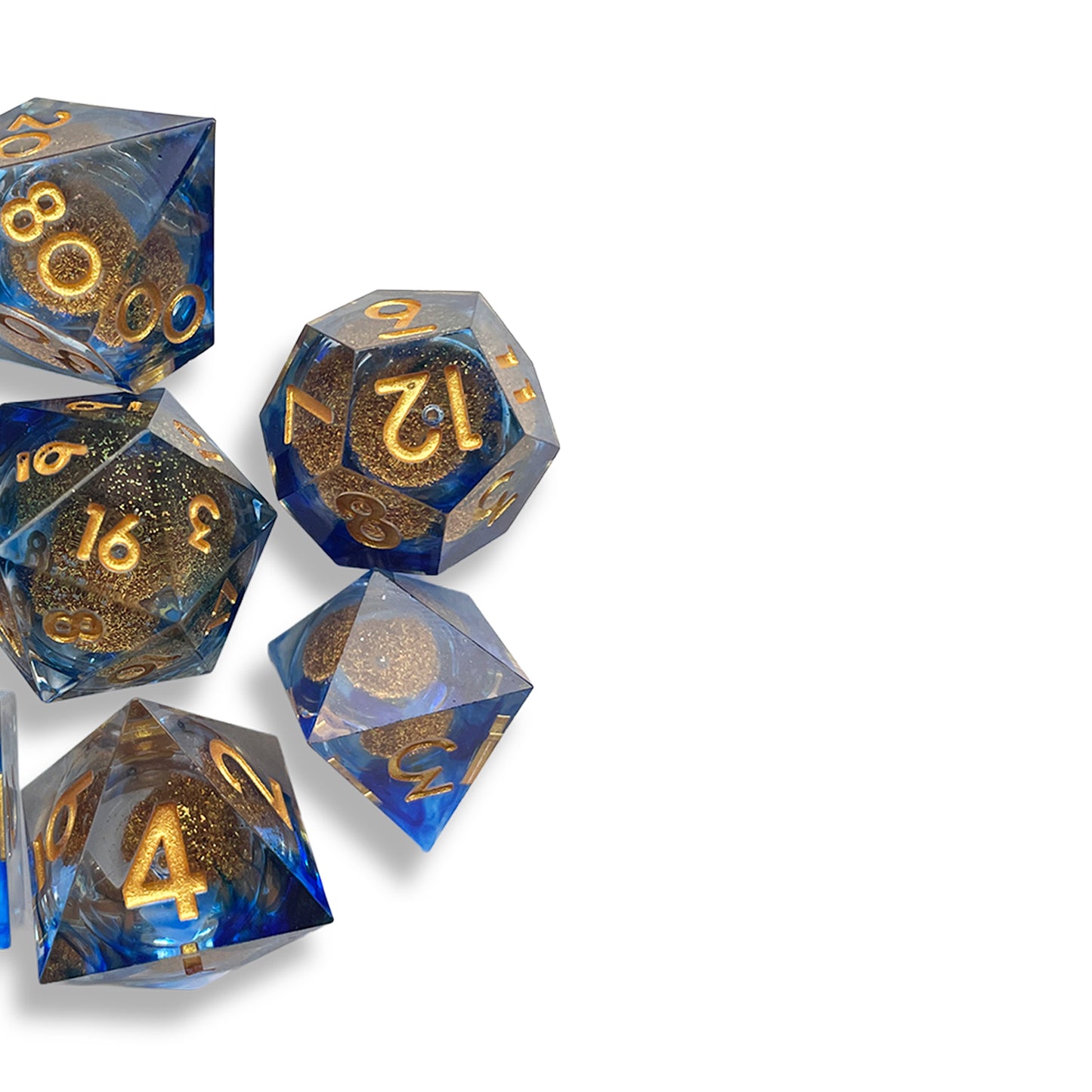 Clear Gold & Blue Snow Globe D&D Dice Set | Glitter Polyhedral RPG Dice