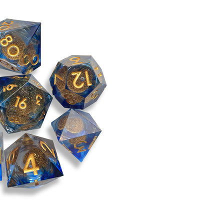 Clear Gold & Blue Snow Globe D&D Dice Set | Glitter Polyhedral RPG Dice