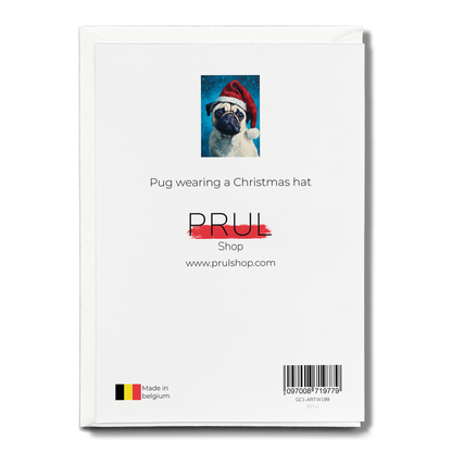 Pug wearing a Christmas hat - Greeting Card
