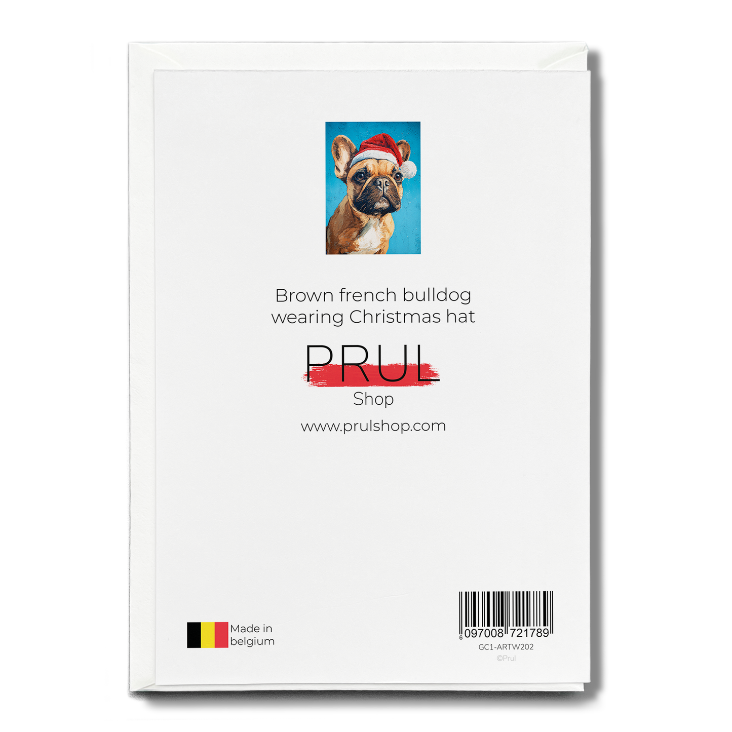 Brown french bulldog wearing Christmas hat - Greeting Card