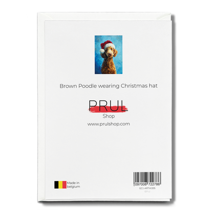 Brown Poodle wearing Christmas hat - Greeting Card