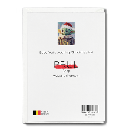 Baby Yoda wearing Christmas hat - Greeting Card