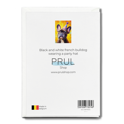 Black and white french bulldog wearing a party hat - Greeting Card