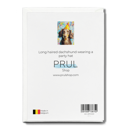 Long haired dachshund wearing a party hat - Greeting Card
