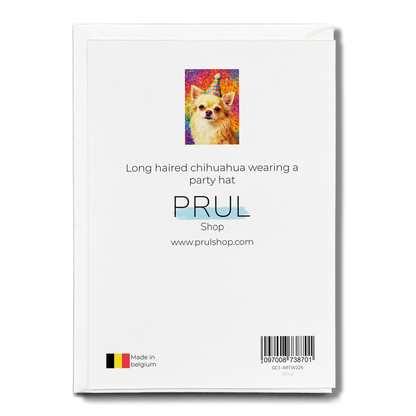 Long haired chihuahua wearing a party hat  - Greeting Card
