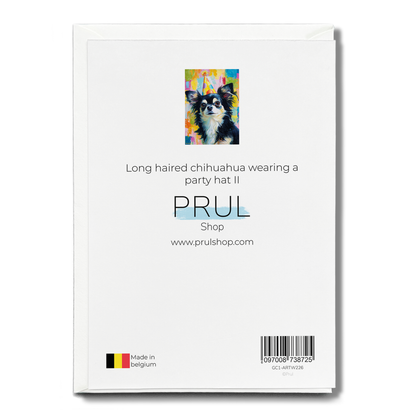 Long haired chihuahua wearing a party hat II - Greeting Card