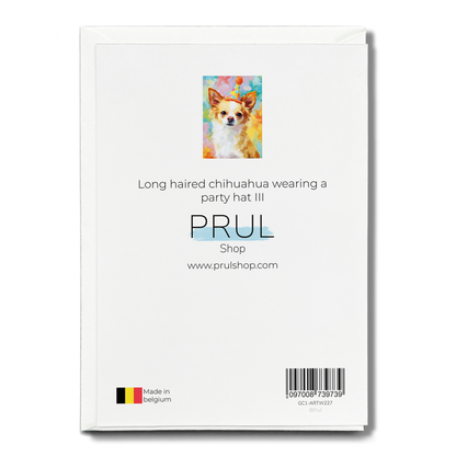 Long haired chihuahua wearing a party hat III - Greeting Card