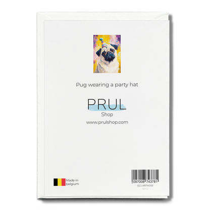 Pug wearing a party hat - Greeting Card