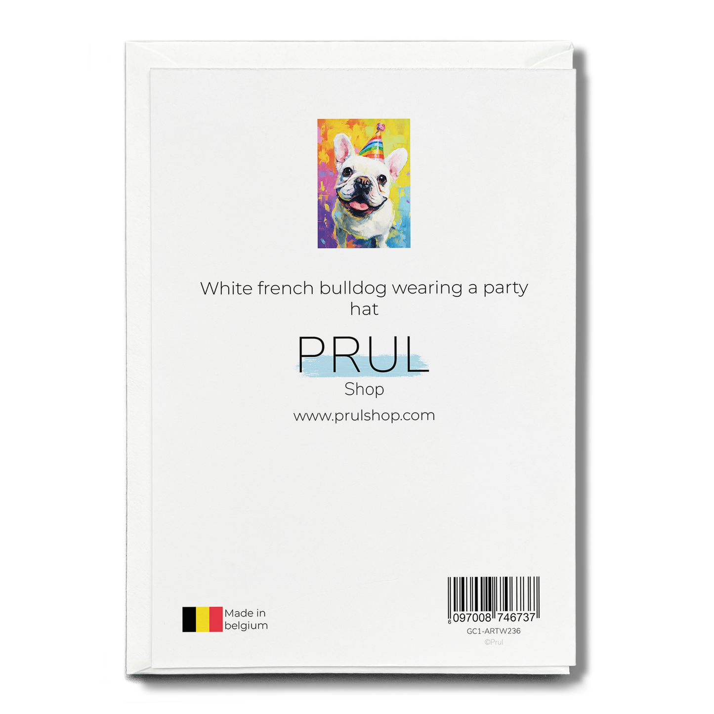 White french bulldog wearing a party hat - Greeting Card