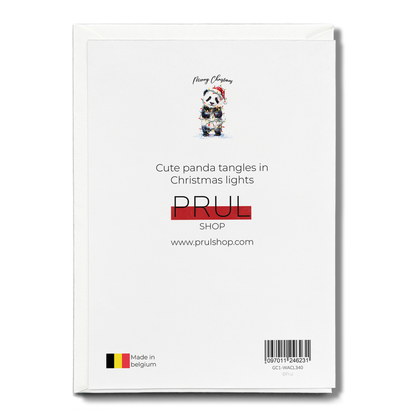 Cute panda tangles in Christmas lights - Greeting Card