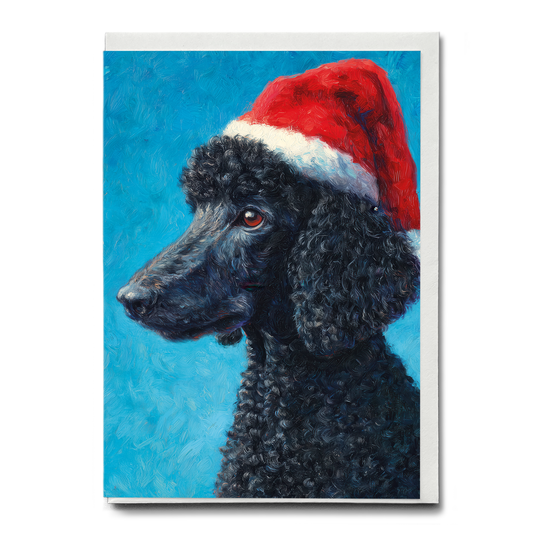 Black Poodle wearing Christmas hat - Greeting Card