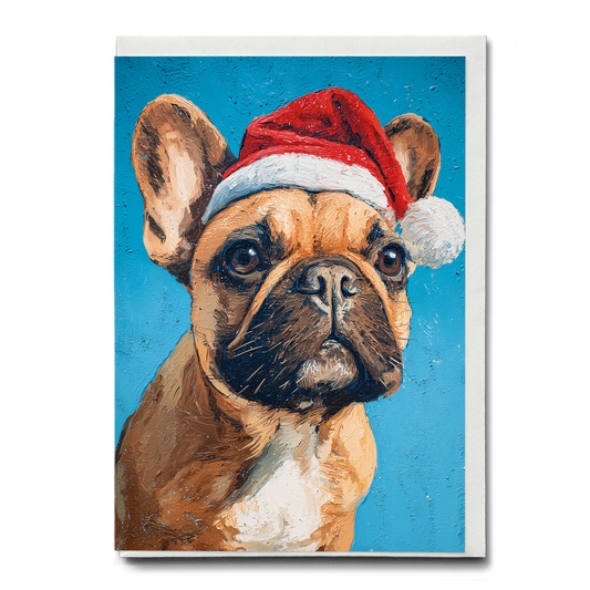 Brown french bulldog wearing Christmas hat - Greeting Card