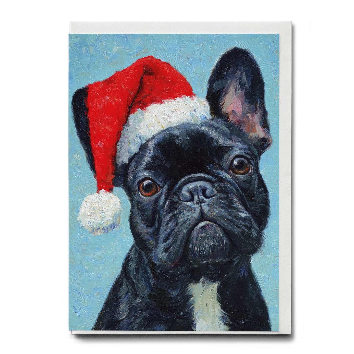 Black french bulldog wearing Christmas hat - Greeting Card